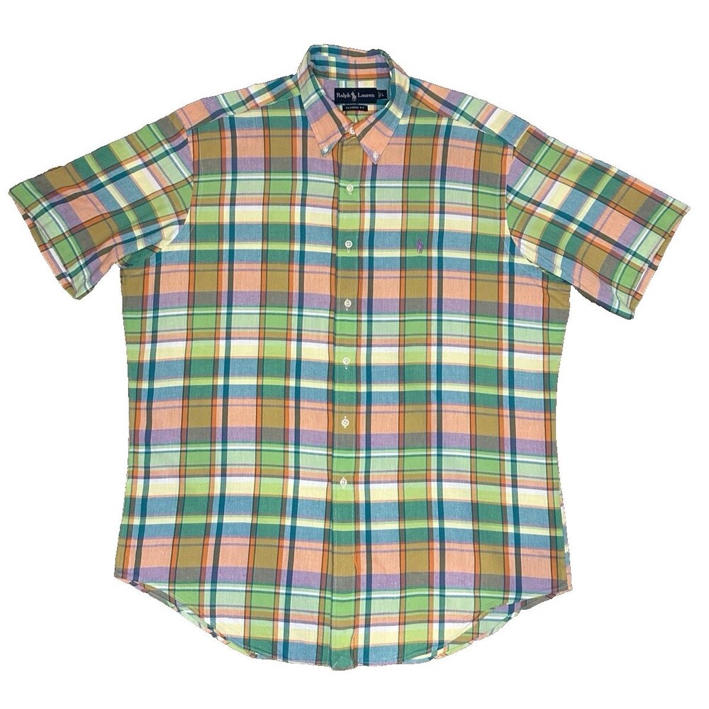 Vintage Ralph Lauren Men’s L Classic Fit Madras-Style Multicolor Plaid Short Sle